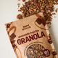 Chocolate Hojicha granola bag with cocoa-brown granola shown in a circle