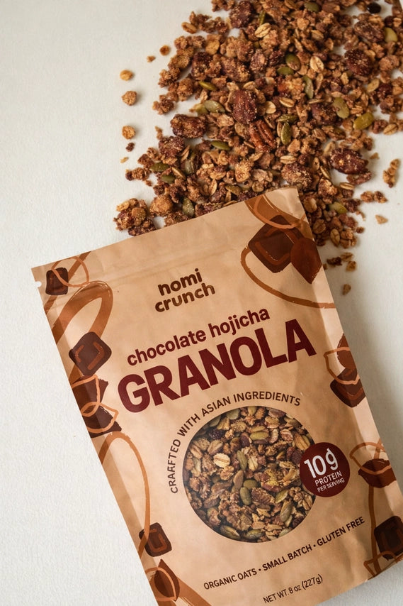 Chocolate Hojicha granola bag with cocoa-brown granola shown in a circle