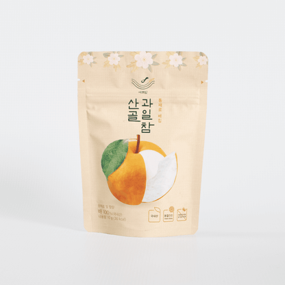 Apple Korean fruit chips pouch with apple and slice illustration on beige packaging.