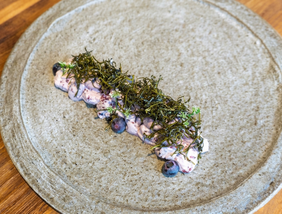 Dried curly sea mustard (miyeokgwi), dark green seaweed strands on a plate