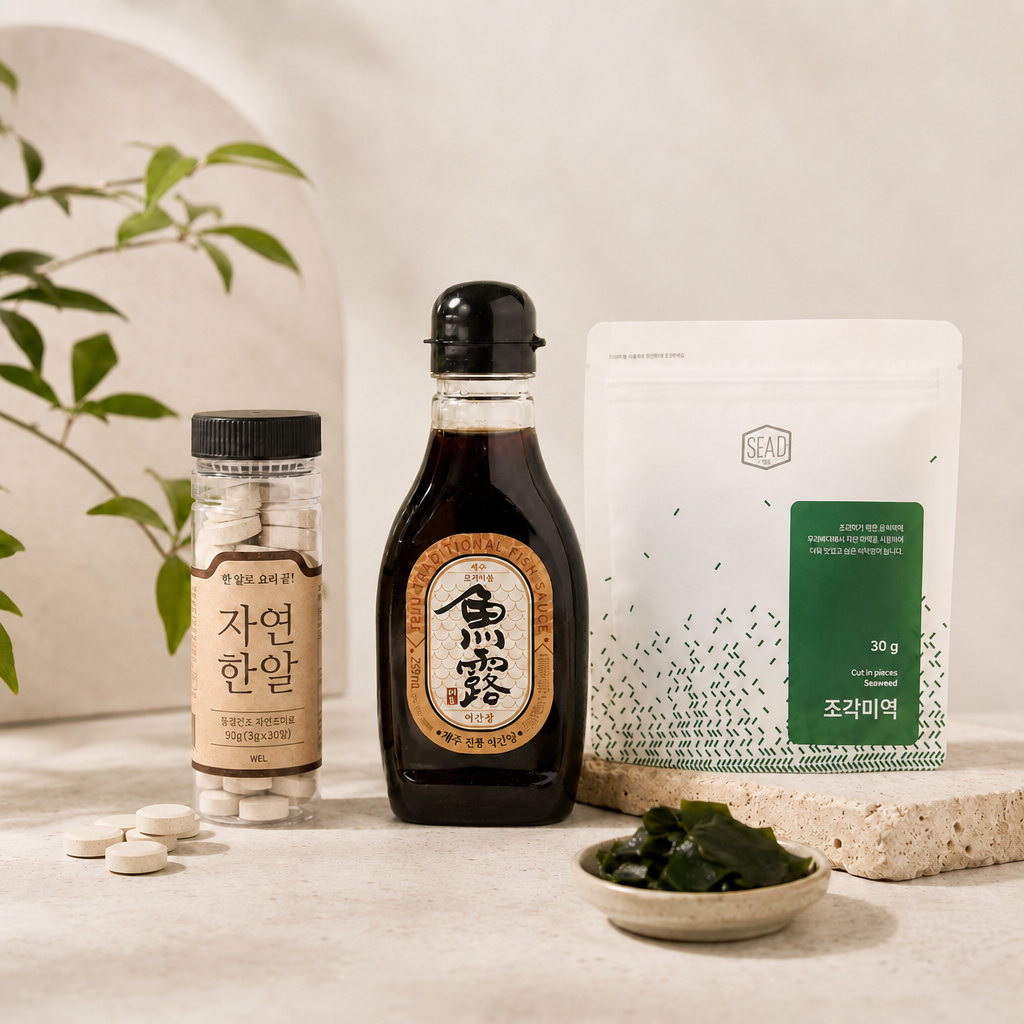Miyeok-guk kit: seaweed pouch, dark sauce bottle, seasoning tablets