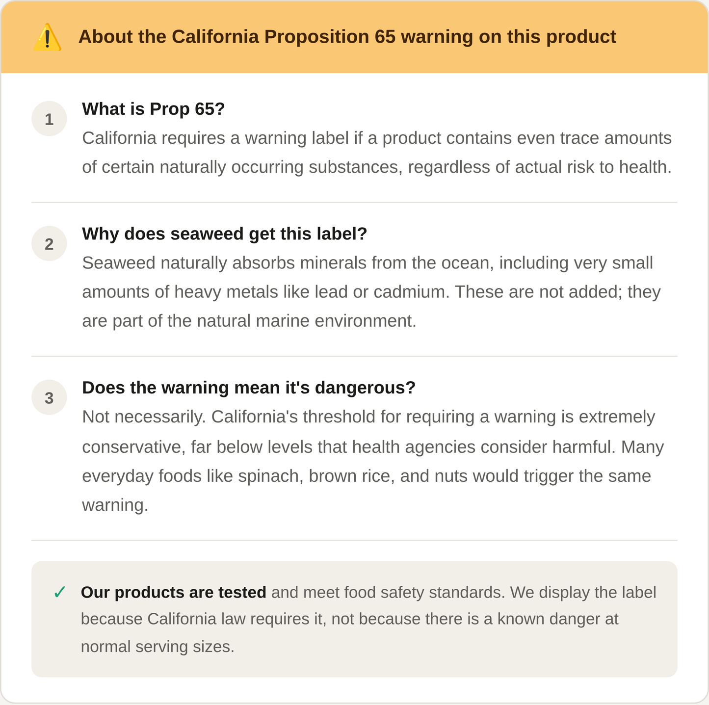California Prop 65 product warning label information panel with three sections