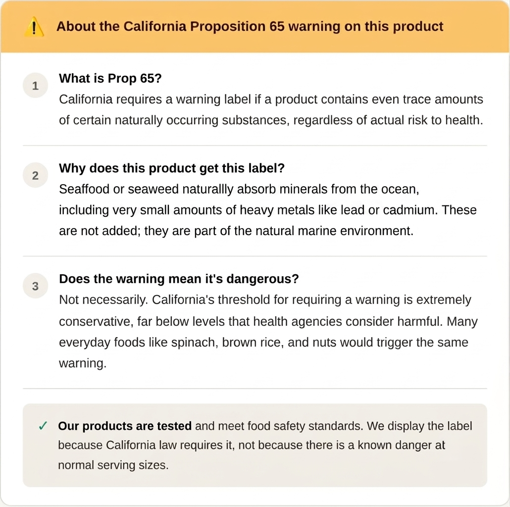 California Prop 65 warning label about health risk disclosure for food products