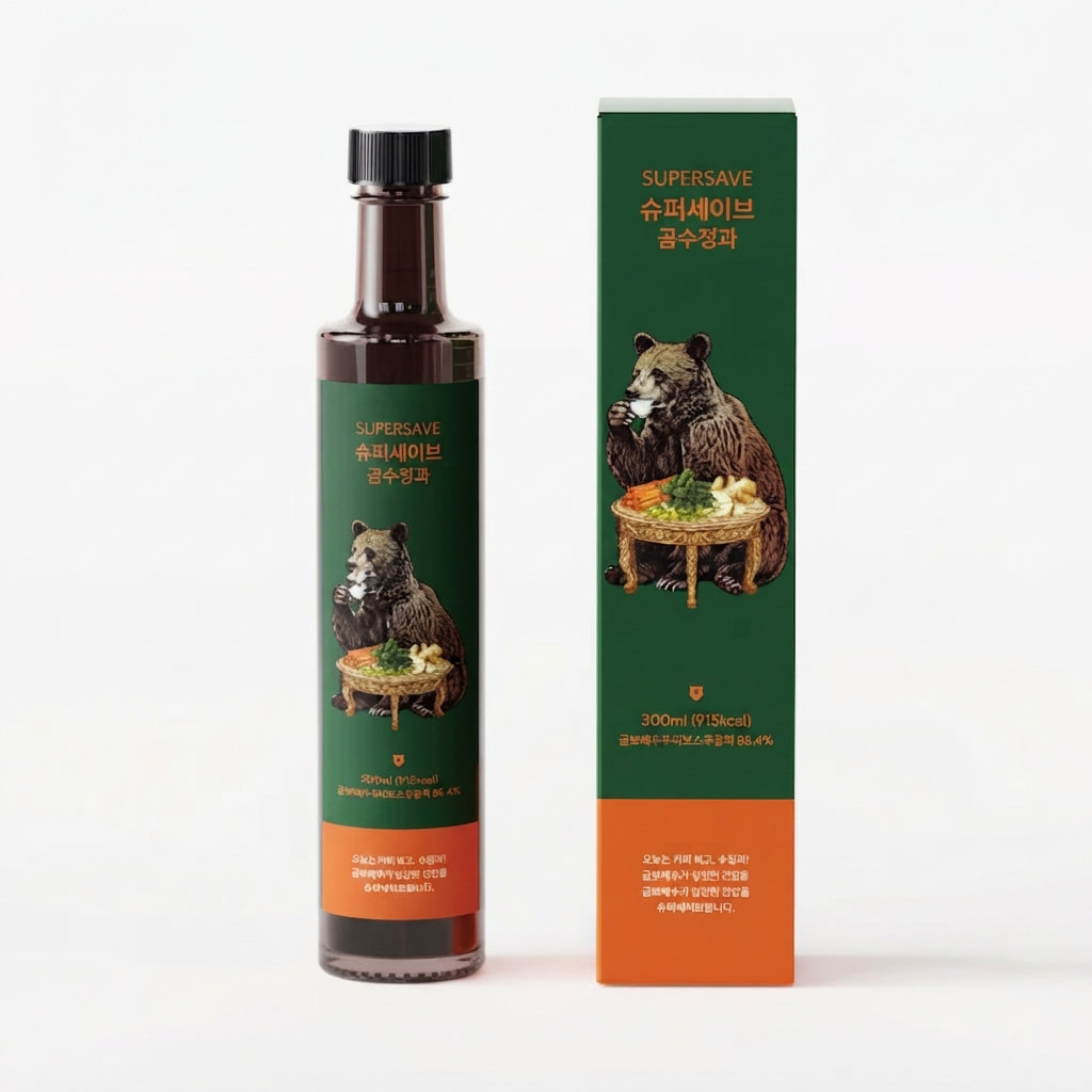 Sujeonggwa concentrate bottle and green carton with illustrated label