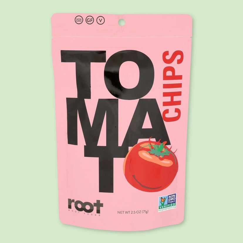 Veggie chips bag with tomato design, root foods logo, and non-GMO verified badge.